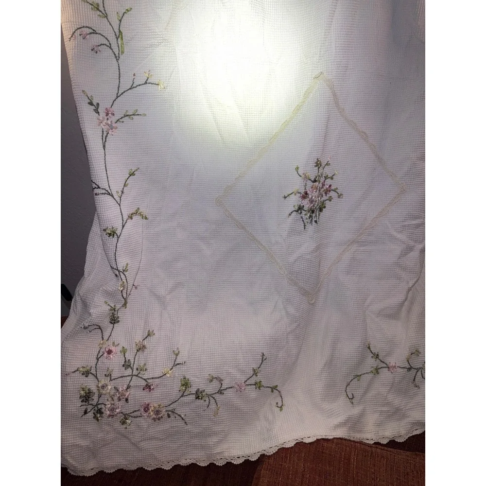 JCPenney Home White Waffle Weave Ribbon Floral Embroidered Shower Curtain